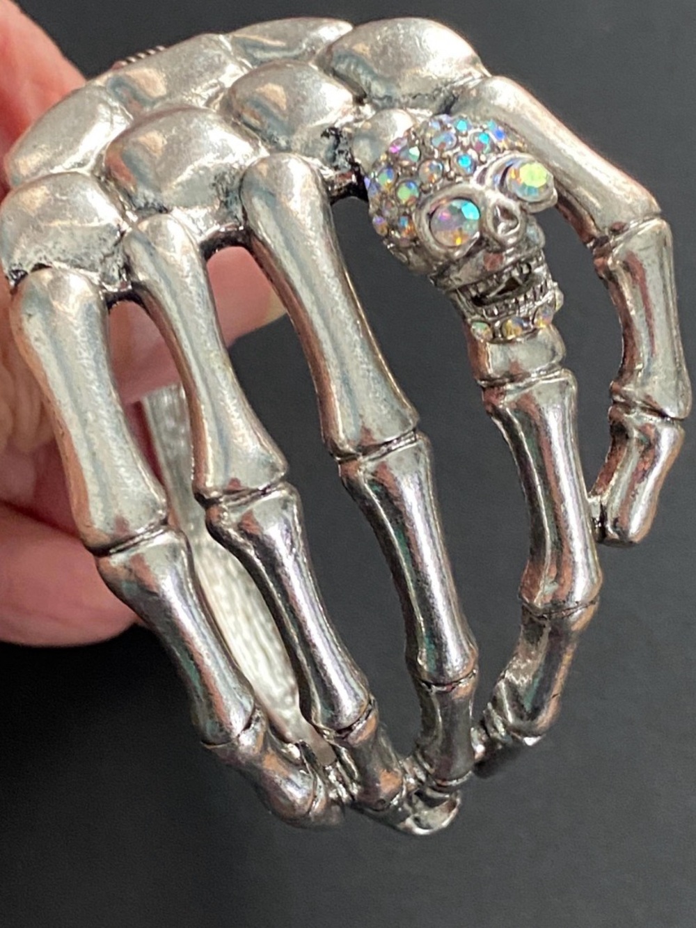 Silver Skeleton Hand Decorative Accent with Crystal Skull